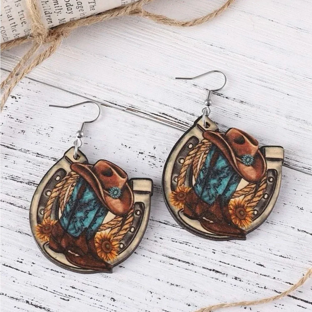 Boho festival western style wood earrings with boot, hat & horseshoe design